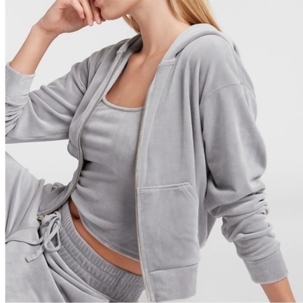 Express SuperSoft Gray Velour Zip Up Hooded Jacket with Matching Tank y2K XL